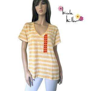 Nicole Miller Stripe Tee t-shirt Tank Top Yellow V-Neck Short Sleeve Hi Low NWOT